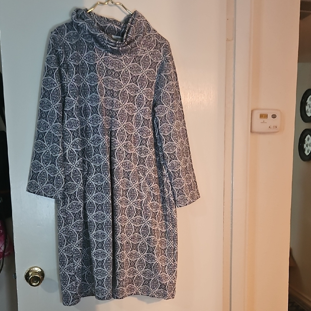 Tyler Boe Navy & White Geometric Funnel Neck Knit Dress